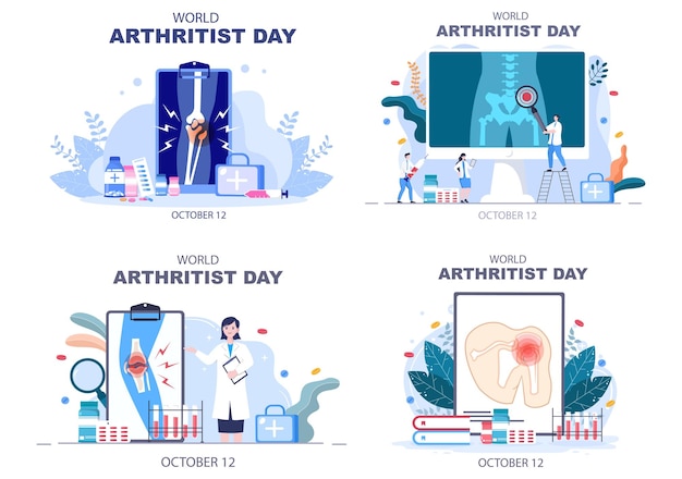 Ilustración de vector de fondo de día mundial de la artritis tratamiento médico reumatismo, osteoartritis, exploración de rayos x y salud ósea