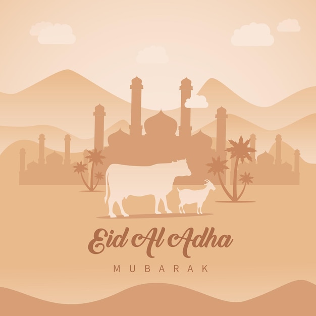 Ilustración de vector de fondo de Eid al Adha con cabra y vaca