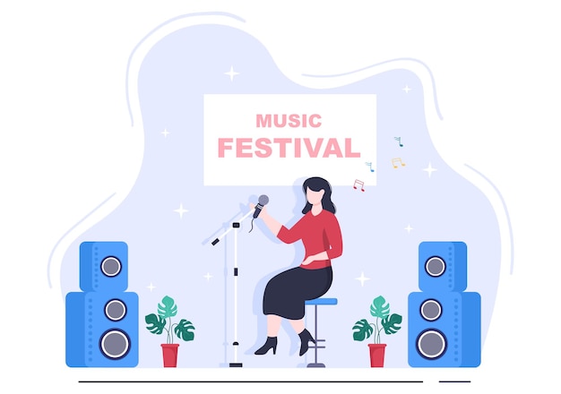 Ilustración de vector de fondo de festival de música con instrumentos musicales y actuación de canto en vivo para plantilla de póster, pancarta o folleto