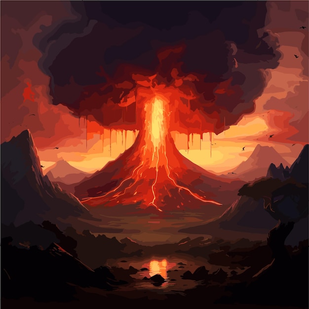 Una ilustración de vector de fondo de juego de explosión de escena al aire libre de lava volcánica