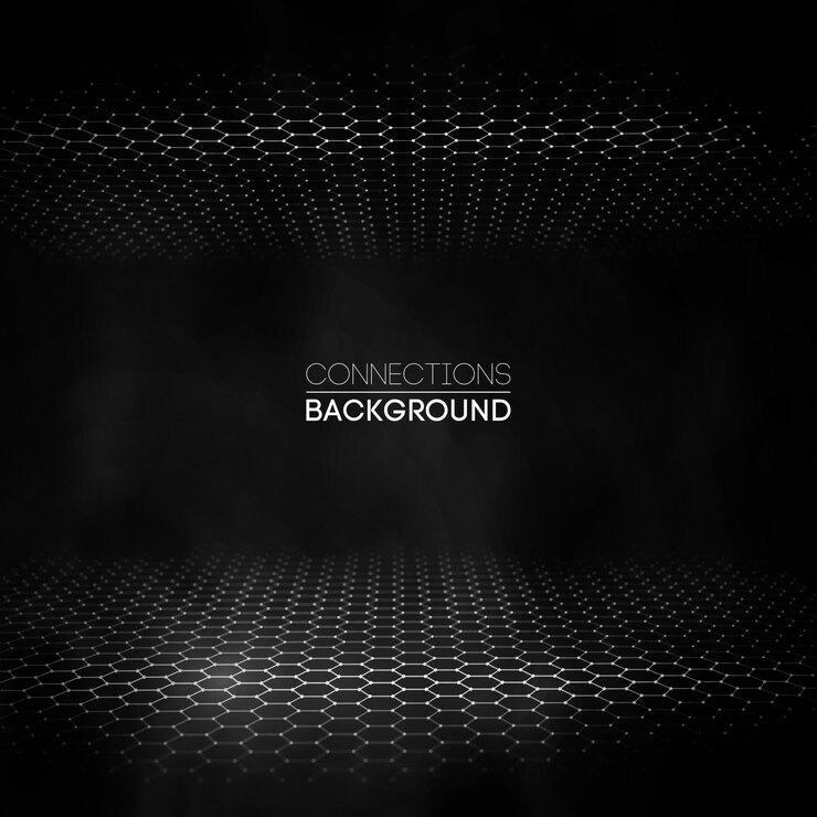 Ilustración de vector de fondo negro de concepto de conexión de red. Paisaje de gran angular de perspectiva hexagonal futurista. Concepto de panal futurista. Paisaje 3d. Fondo digital de datos grandes.