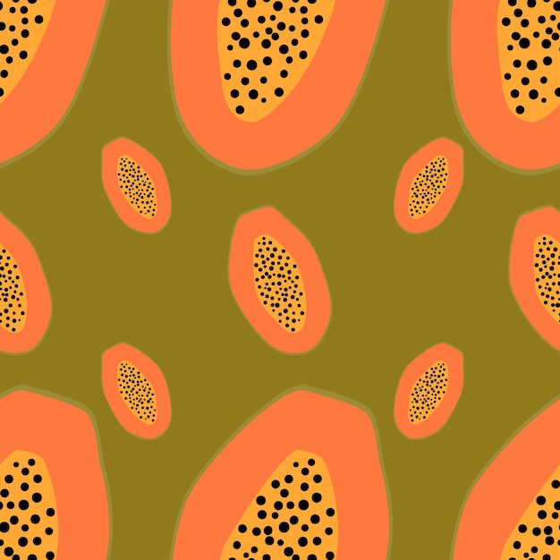 Ilustración de vector de fondo transparente de papaya plana. Patrón de diseño de estilo de vida saludable. Estilo escandinavo. Telón de fondo de verano vegetariano. Arte de cocina. Cartel fresco.