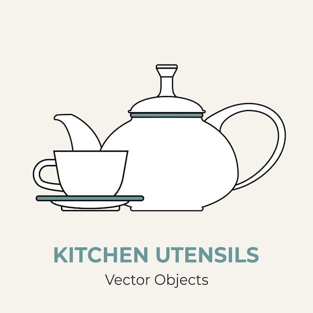 Ilustración de vector de forma simple de platillo de olla de taza de té. Línea vectorial ilustración aislada logo icono café menú banner flayer. Cafetería con logo de vajilla. Taza taza de café demitasse tetera fondo aislado