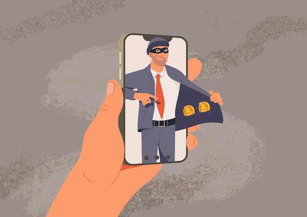 Ilustración de vector de fraude en línea el estafador de piratería web vende criptomonedas falsas en Internet plana
