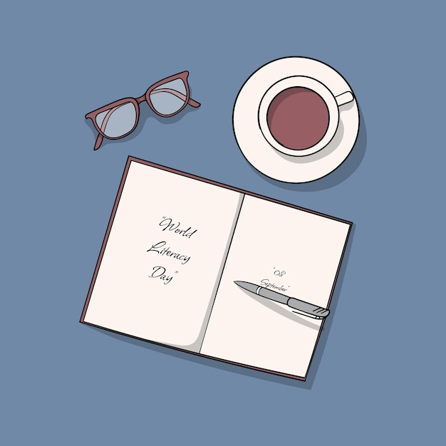 Ilustración de vector de gafas de pluma de libro y plantilla de café para el diseño del día mundial de la alfabetización