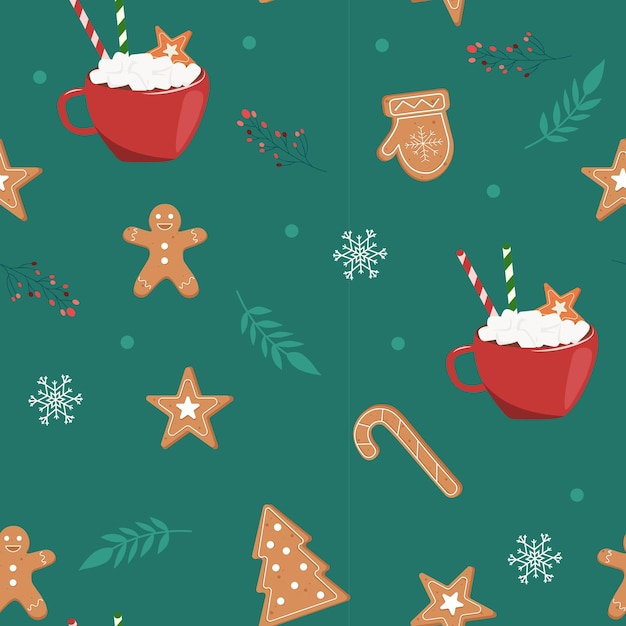 Ilustración de vector de galletas de navidad en fondo verde con taza roja con malvavisco