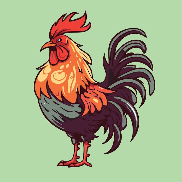 Ilustración de vector de gallo en estilo de dibujos animados aislado sobre fondo verde