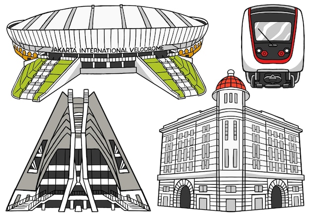 Ilustración de vector de garabato kawaii de la ciudad de Yakarta