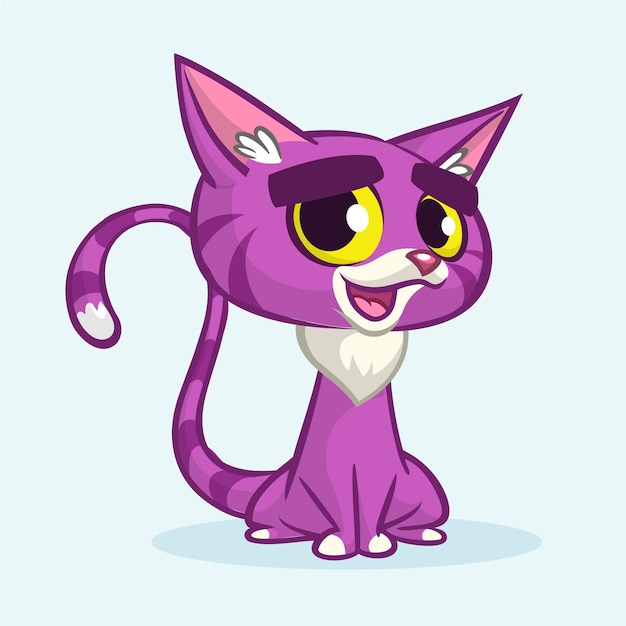 Ilustración de vector de gatito violeta de dibujos animados lindo gato despojado púrpura con una expresión gruñona sentado