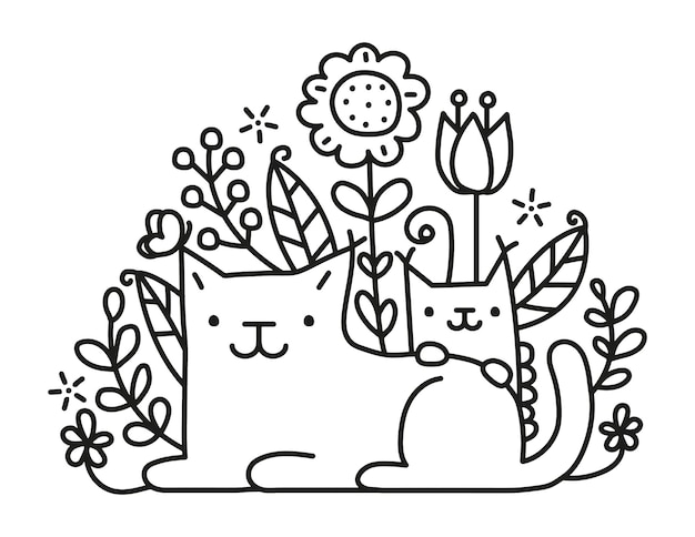 Ilustración de vector de gato, gatito y flores