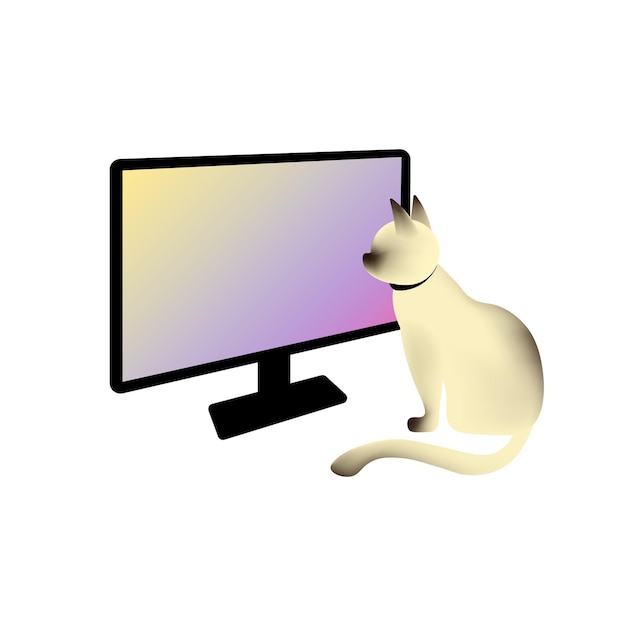 Ilustración de vector de gato mirando la pantalla de la computadora portátil Gato gris con patas negras dibujadas en un degradado Concepto de futurismo de TV de computadora Diseño plano Ilustración de negocios y publicidad