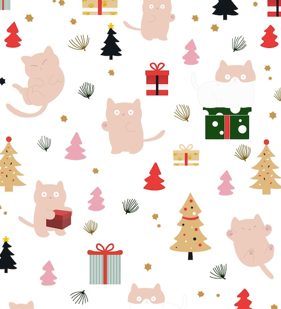 Ilustración de vector de gato de Navidad de patrones sin fisuras