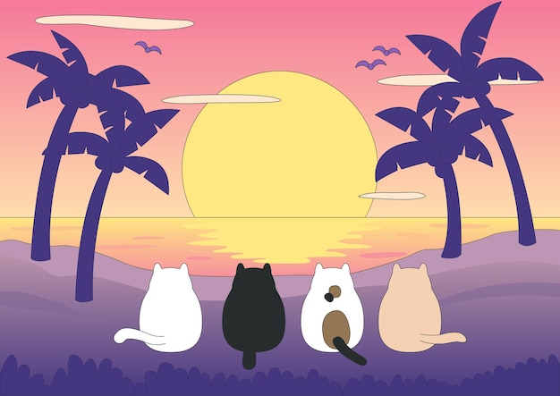 Ilustración de vector de gatos viendo la puesta de sol