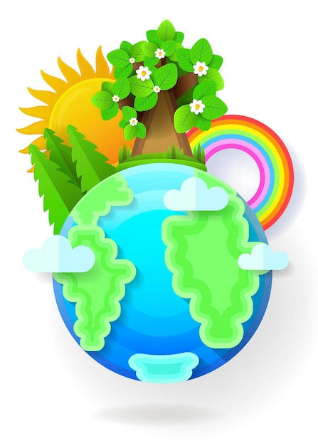 Ilustración de vector de globo terráqueo. Un planeta azul con nubes y espacio estilo papel.