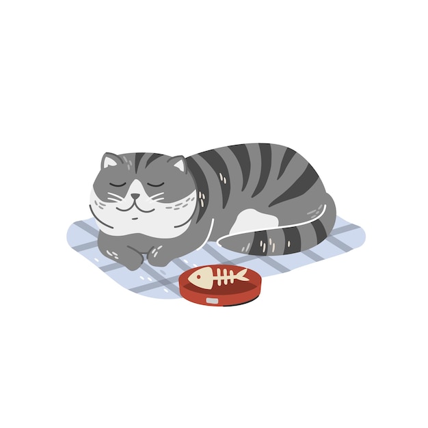 Ilustración de vector de gordito durmiendo gato gris. Lindo gato doméstico descansando sobre la alfombra después de cenar.