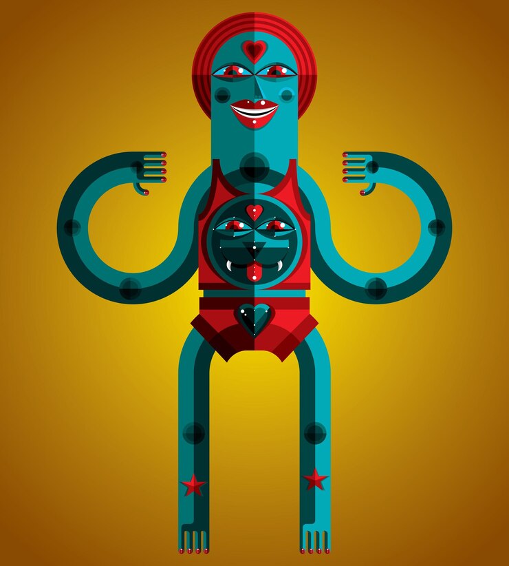Vector ilustración de vector gráfico, personaje antropomórfico aislado, avatar moderno decorativo hecho en estilo cubismo. dibujo artístico de chamán.