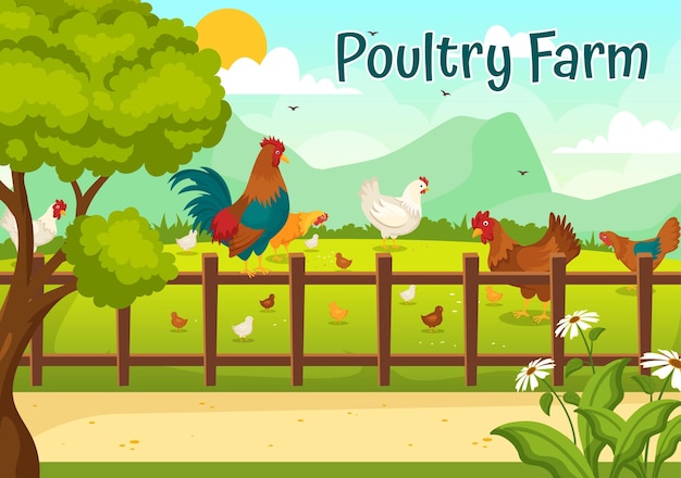 Ilustración de vector de granja avícola con pollos y huevos en el paisaje de fondo de campo verde