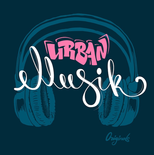 Ilustración de vector de grunge de dibujo a mano de musik urbano de auriculares