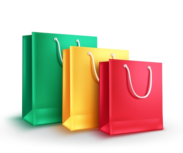 Ilustración de vector de grupo de bolsas de compras. Bolsas de papel vacías surtidas de colores.