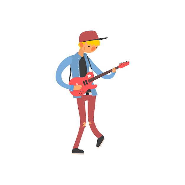 Ilustración de vector de guitarrista bajo en estilo infantil primitivo de dibujos animados aislado sobre fondo blanco