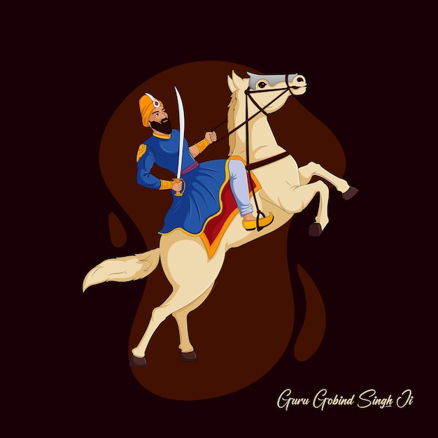 Vector ilustración vector guru gobind singh ji jayanti o gurupurab con el caballo guerrero en el fondo oscuro edi