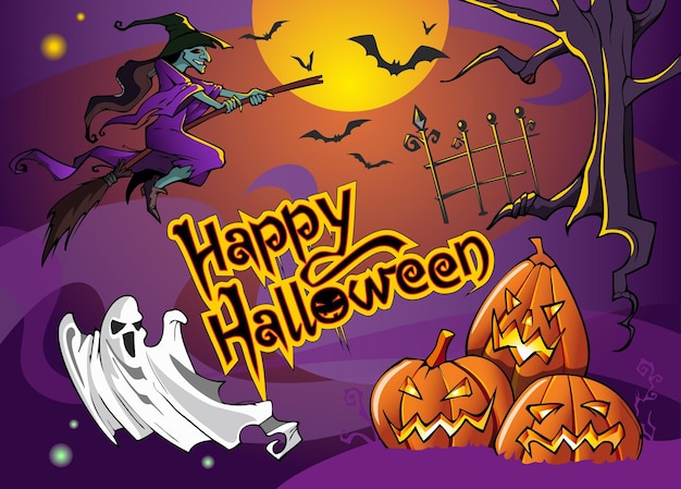Ilustración de vector de Halloween con bruja de cementerio en la escoba murciélagos fantasmas y calabazas