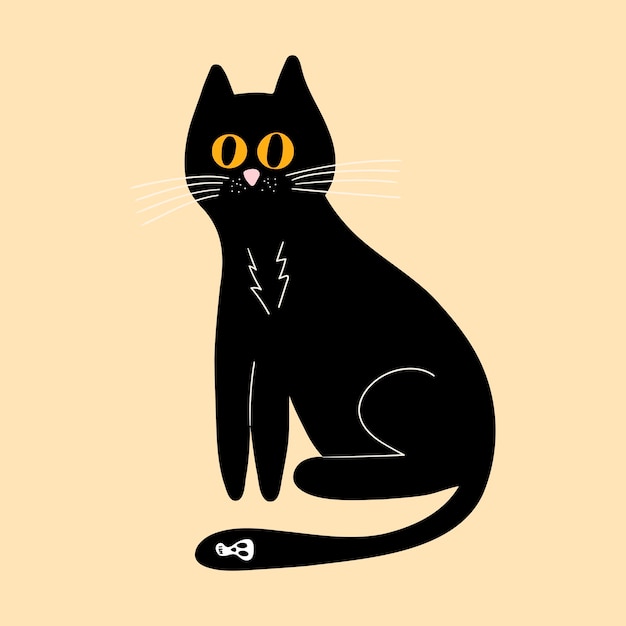 Ilustración de vector de Halloween, un gato negro con ojos amarillos y una calavera en la cola
