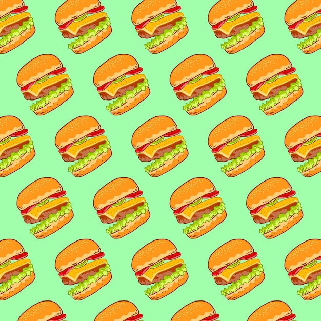 Ilustración de vector de hamburguesa con patrones sin fisuras de estilo garabato dibujado a mano