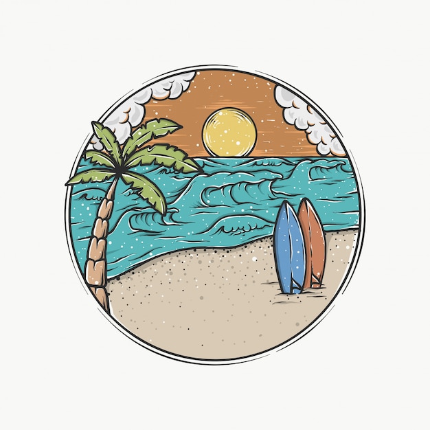 Ilustración de vector de handdrawn vintage puesta de sol playa