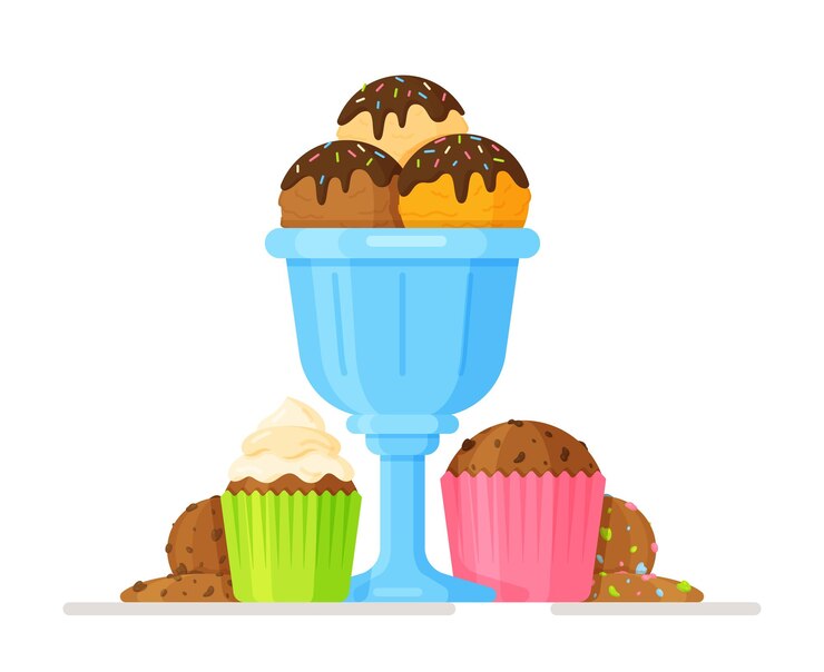 Vector ilustración de vector de helado en un vaso azul, cupcakes y galletas