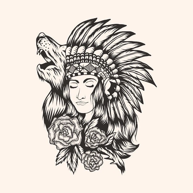 Ilustración de vector de hermosa niña nativa americana