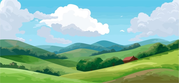 Ilustración de vector de hermoso paisaje de campos de verano con un amanecer colinas verdes color brillante cielo azul fondo de país en banner de estilo de dibujos animados plana