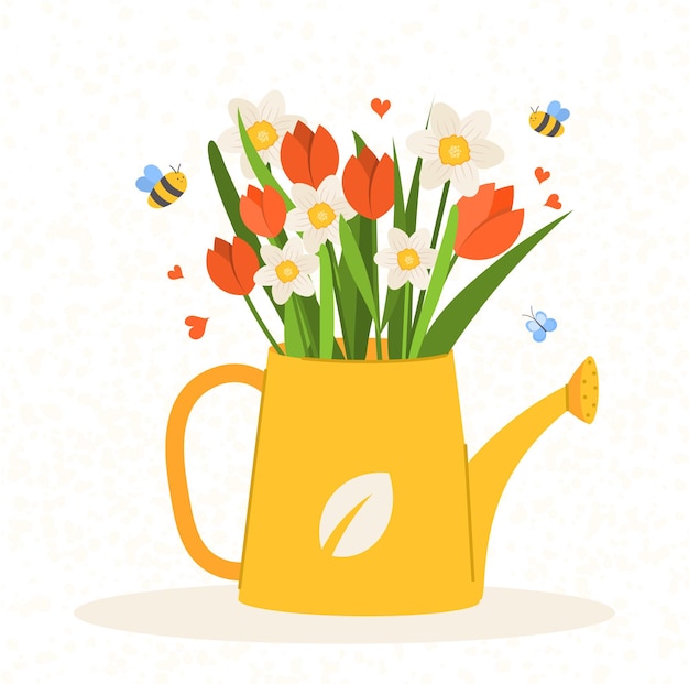 Ilustración de vector con un hermoso ramo en la regadera y abejas Tarjeta de primavera