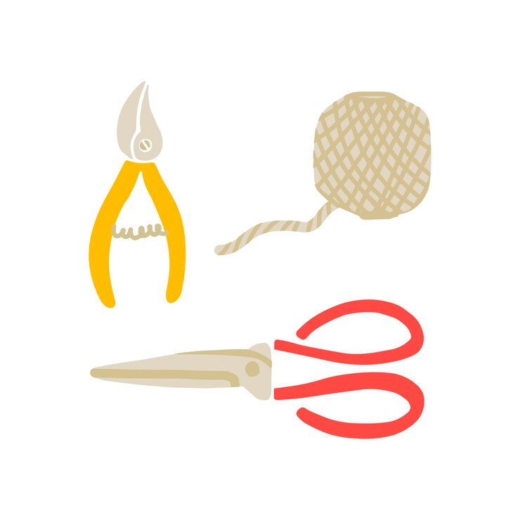 Vector ilustración de vector de herramientas de jardín en estilo doodle. conjunto de símbolos de jardín, objetos, tijeras, tijeras, hilo. diseño de postales, carteles y sitios web