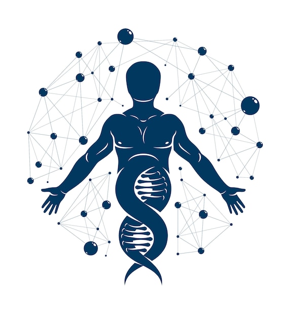 Ilustración de vector de hombre atlético hecha con símbolo de ADN y conexiones moleculares futuristas. Humano como objeto de investigación bioquímica, ingeniería genética.