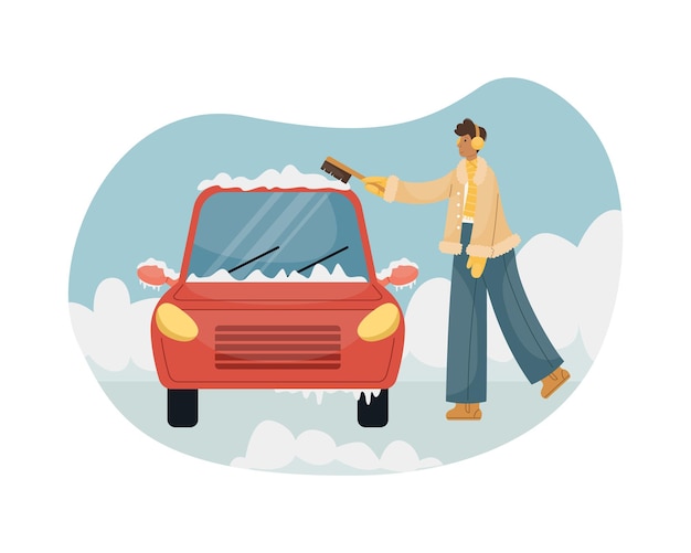 Ilustración de vector de un hombre barriendo la nieve con un cepillo de un coche.