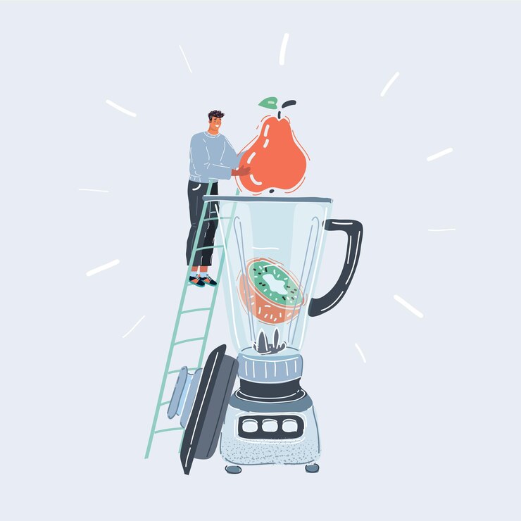 Vector ilustración de vector de hombre haciendo jugo de vegetales frescos con licuadora grande