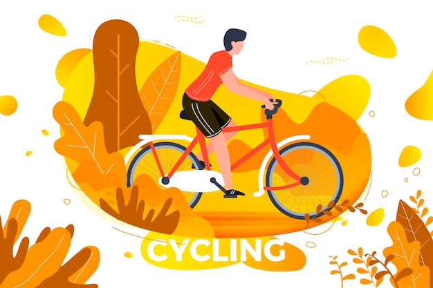 Vector ilustración de vector - hombre de montar en bicicleta. parque, bosque, árboles y colinas en el fondo. banner, sitio, plantilla de póster con lugar para el texto.