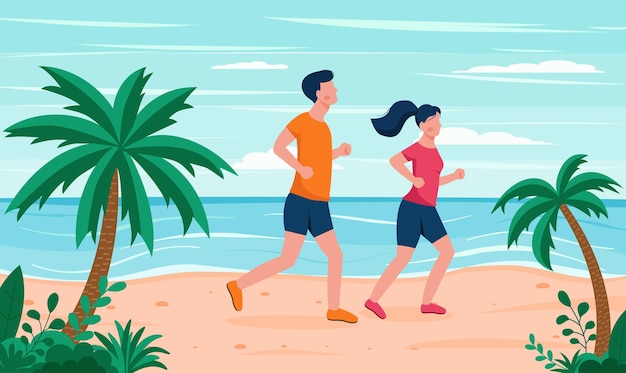 Ilustración de vector de un hombre y una mujer corriendo en la playa eps 10