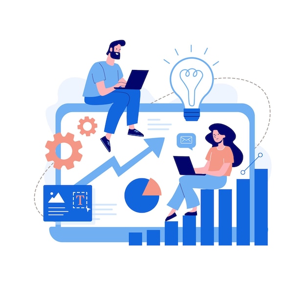Ilustración de vector un hombre y una mujer están trabajando en computadoras portátiles