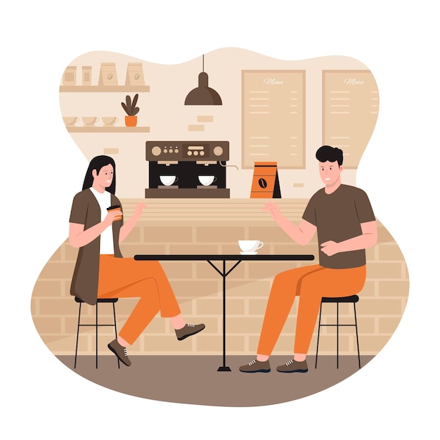 Ilustración de vector de hombre y mujer hablando en cafetería