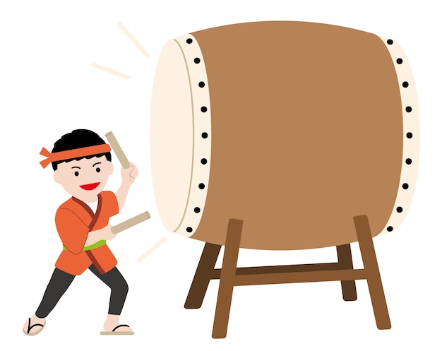 Ilustración de vector con un hombre que realiza un tambor taiko tradicional japonés