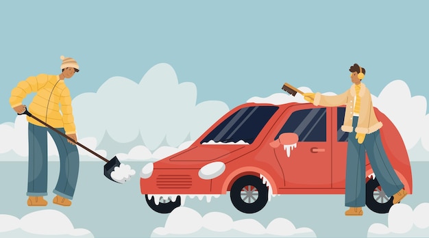 Ilustración de vector de un hombre en ropa de invierno limpiando nieve en un estacionamiento de automóviles. Un hombre barre la nieve con un cepillo desde un automóvil.