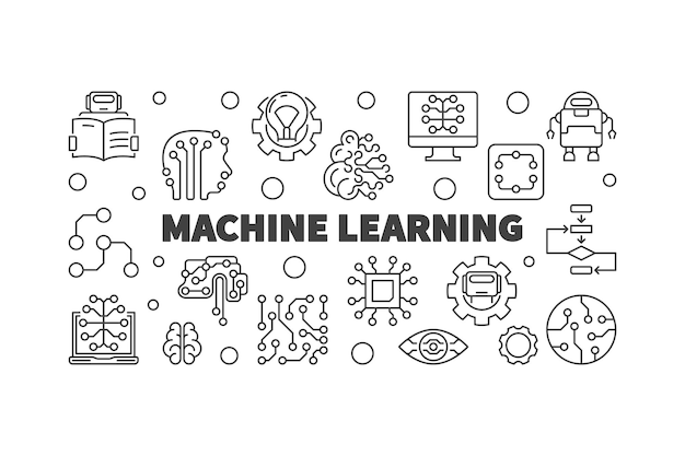 Ilustración de vector horizontal de aprendizaje automático en estilo de línea fina