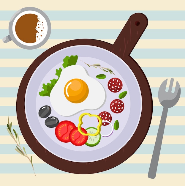 Ilustración de vector con huevos revueltos, verduras y café