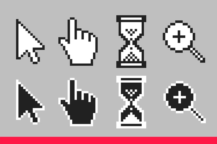 Vector ilustración de vector de iconos de cursor de ratón de píxel de reloj de arena y lupa de mano de flecha blanca y negra