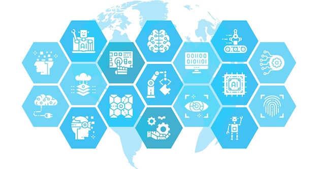Ilustración de vector de iconos finos de inteligencia artificial. Robótica, Chatbot, Base de datos, Elementos conceptuales de diseño de Big Data para diseño web gráfico. Fondo abstracto de tecnología de inteligencia artificial.