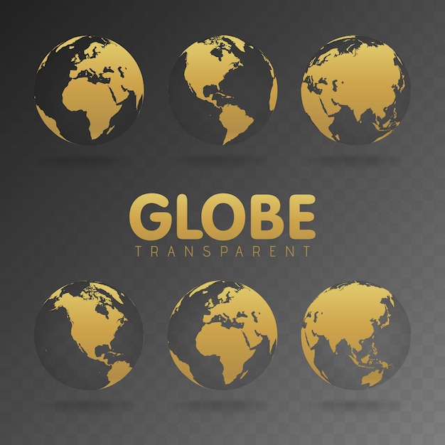 Ilustración de vector de iconos de globo de oro con diferentes continentes