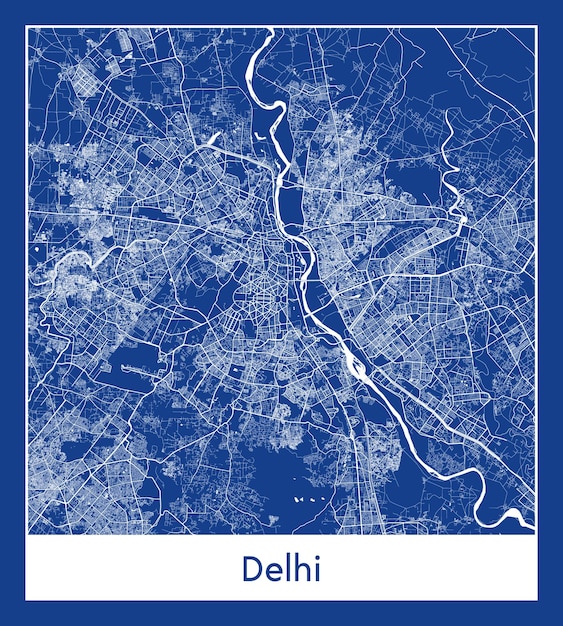 Vector ilustración de vector de impresión azul del mapa de la ciudad de delhi india asia