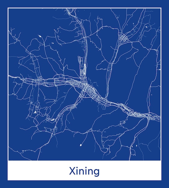 Ilustración de vector de impresión azul del mapa de la ciudad de Xining China Asia